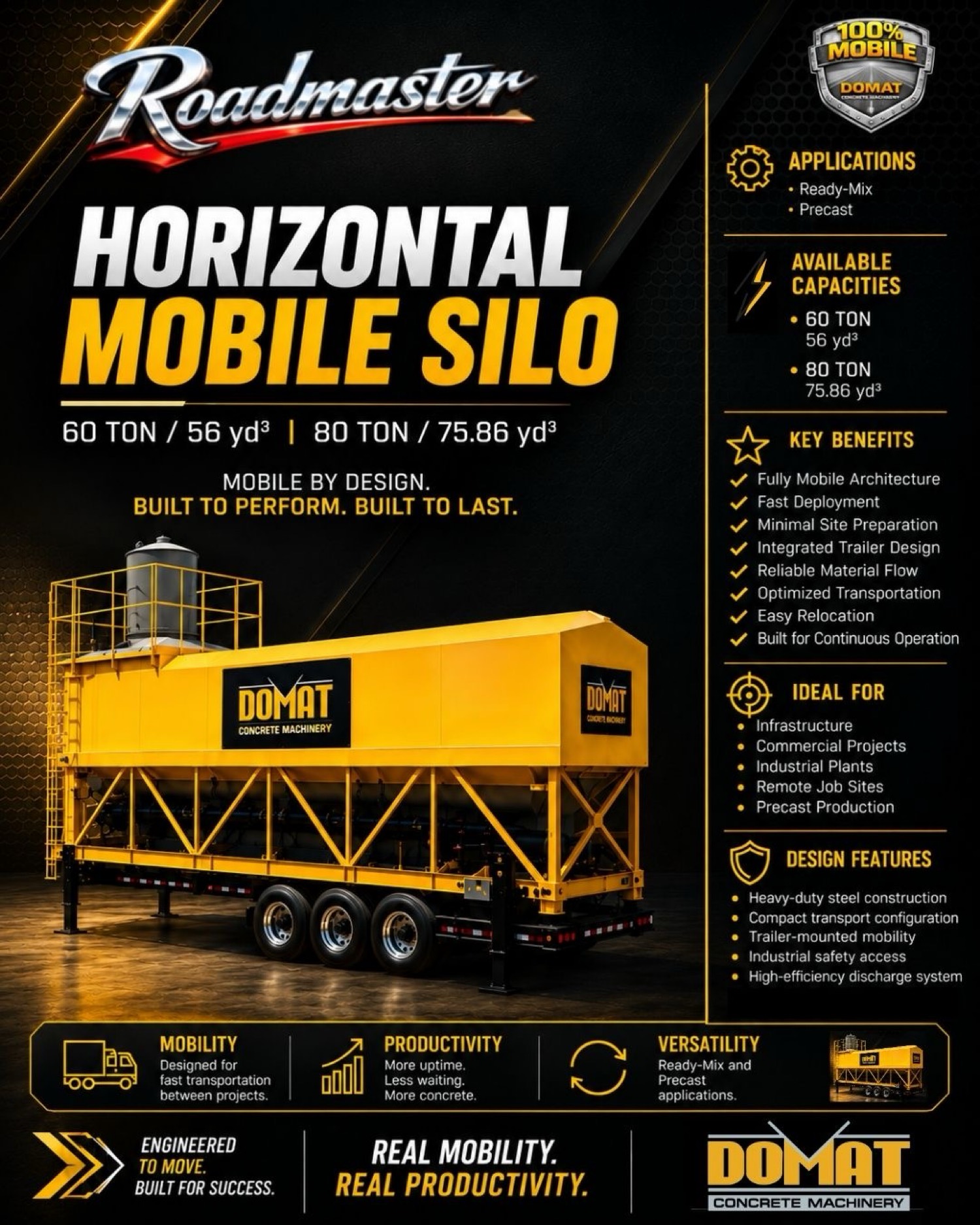 Silo horizontal móvil Domat Roadmaster 60 y 80 toneladas